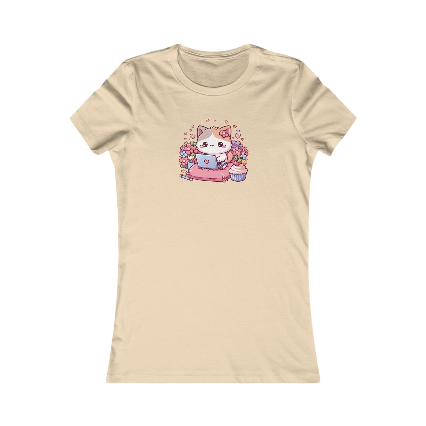 Cat with Cupcake and Laptop Fitted Tee