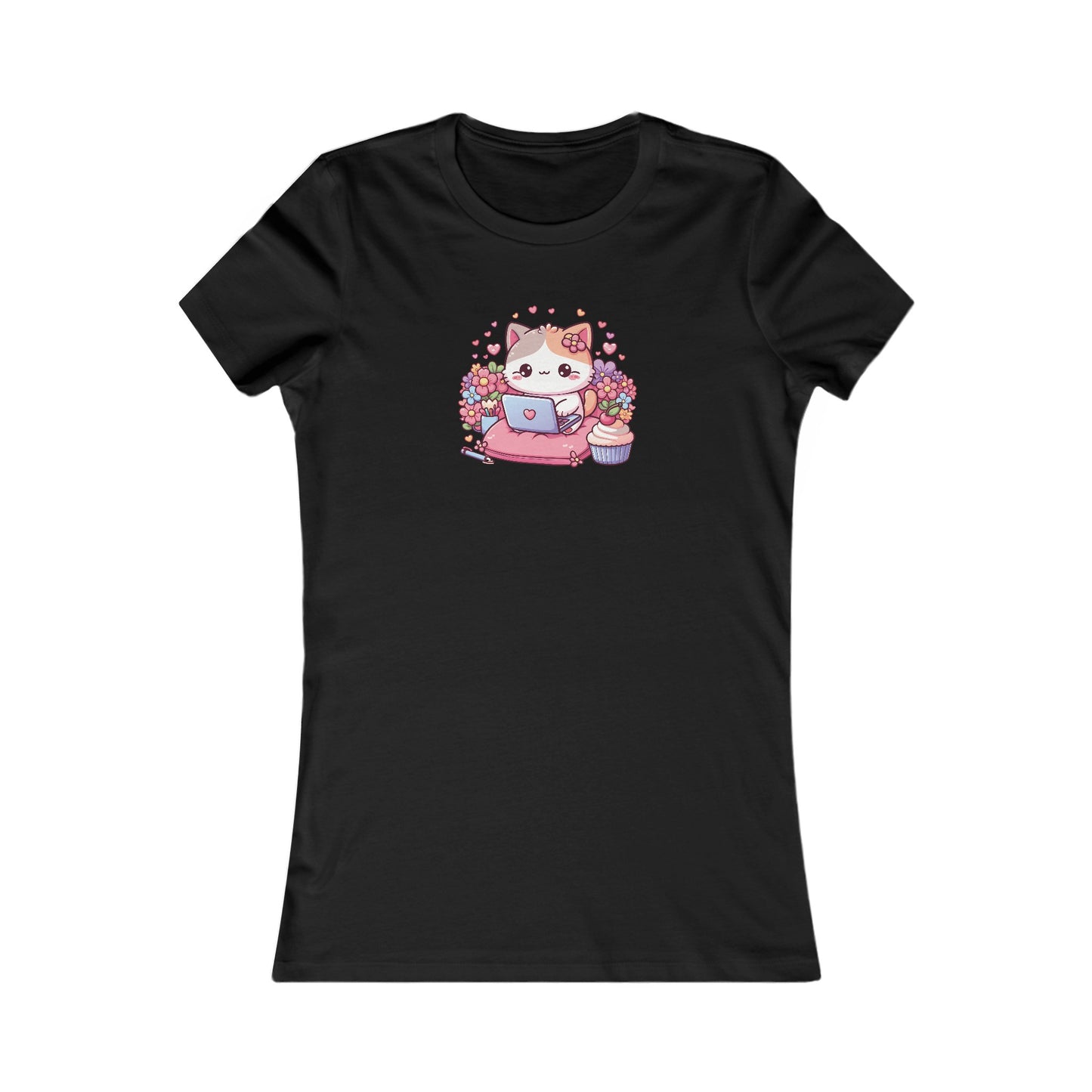 Cat with Cupcake and Laptop Fitted Tee