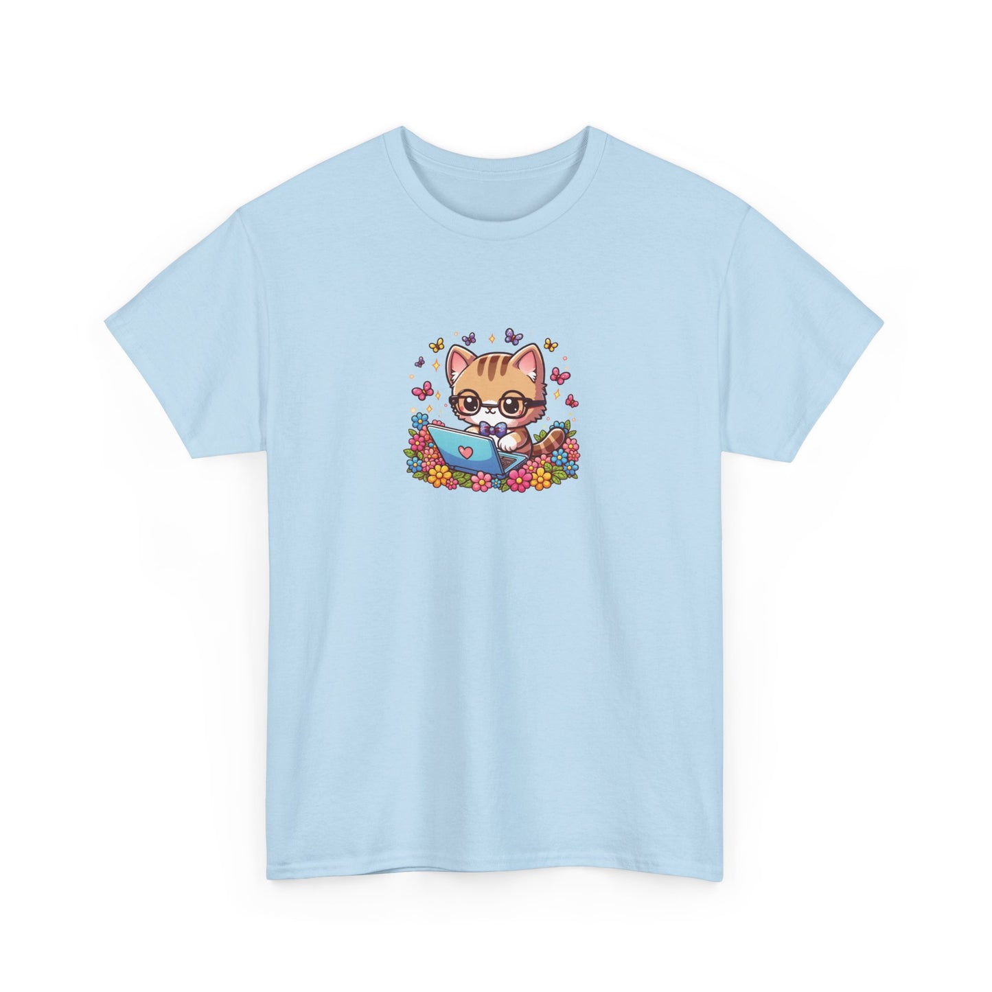 Cat with Flowers and Laptop Short Sleeve Tee